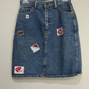 Vintage Made In The Shade Denim Patch Mini Skirt Blue High Waist Size 9 USA Made